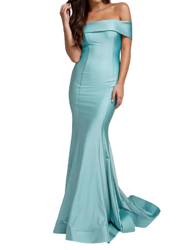 Steals and Deals Lycra Off Shoulder Mermaid Dress In Light Blue