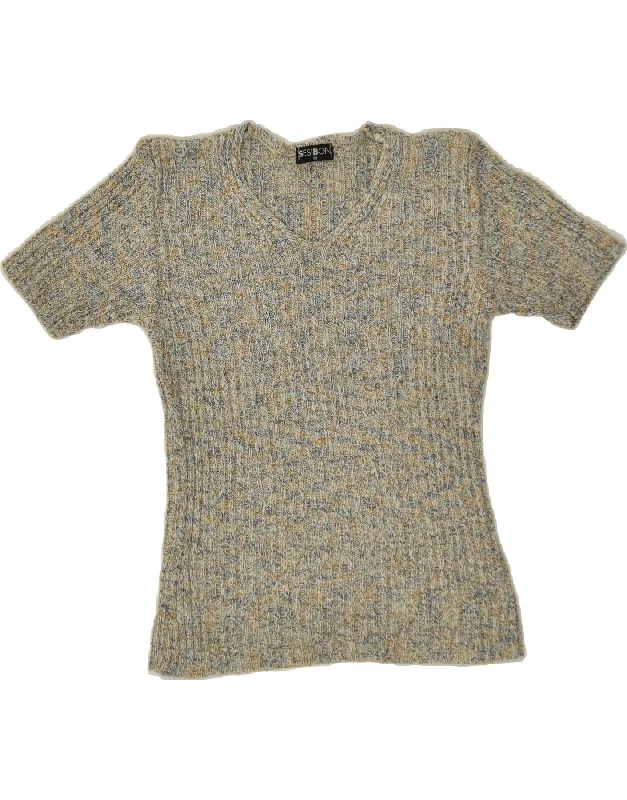 Act Now VINTAGE Womens Short Sleeve V-Neck Jumper Sweater UK 12 Medium Grey