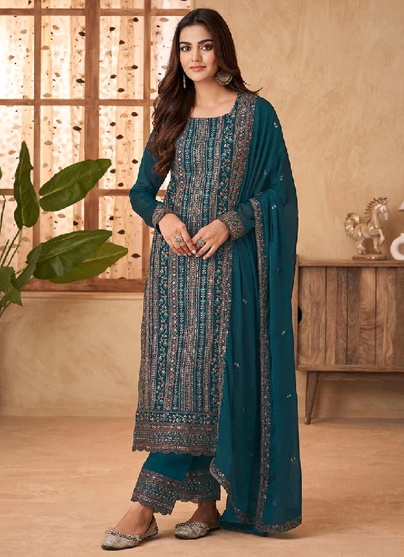 Discount Deals Turquoise Sequence Embroidery Pant Style Suit