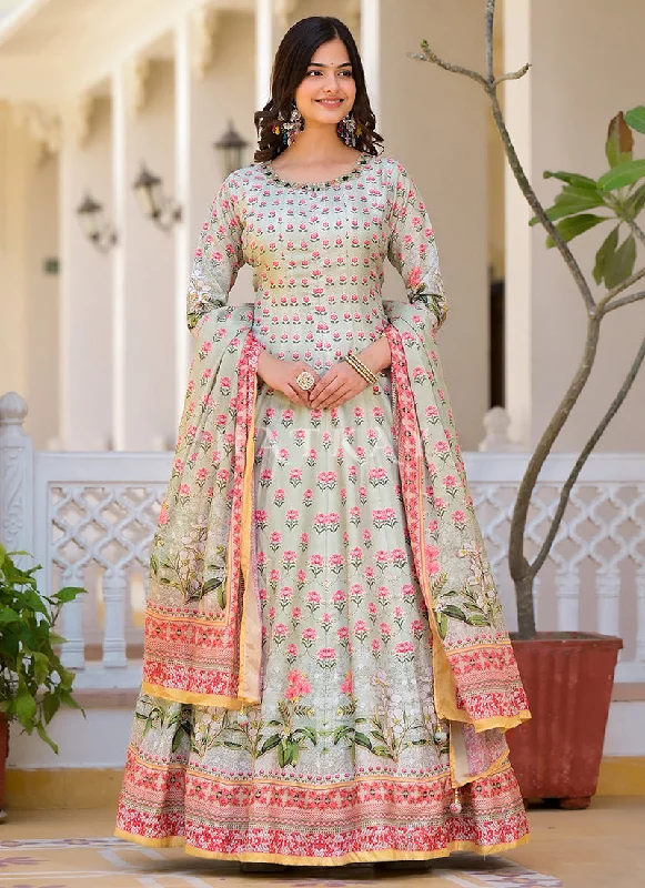 Holiday Sale Pista Green Multi-colored Digital Printed Gown