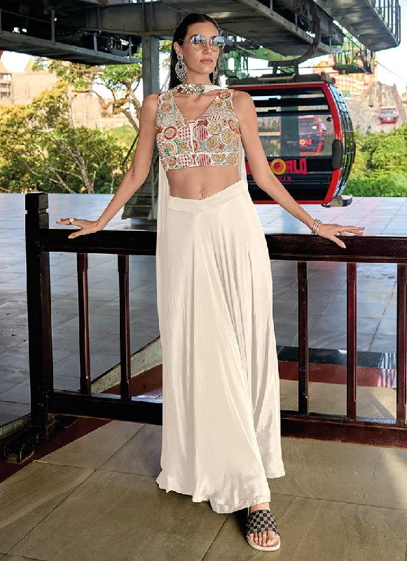 Price Buster White Multi Embroidery Festive Palazzo Choli And Dupatta Set