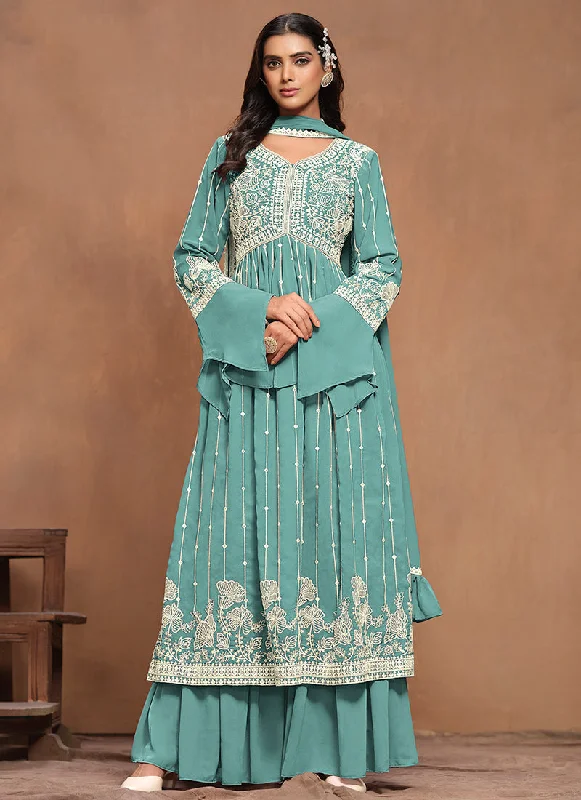 Online Only Blue White Embroidery Pleated Kurti Palazzo Suit