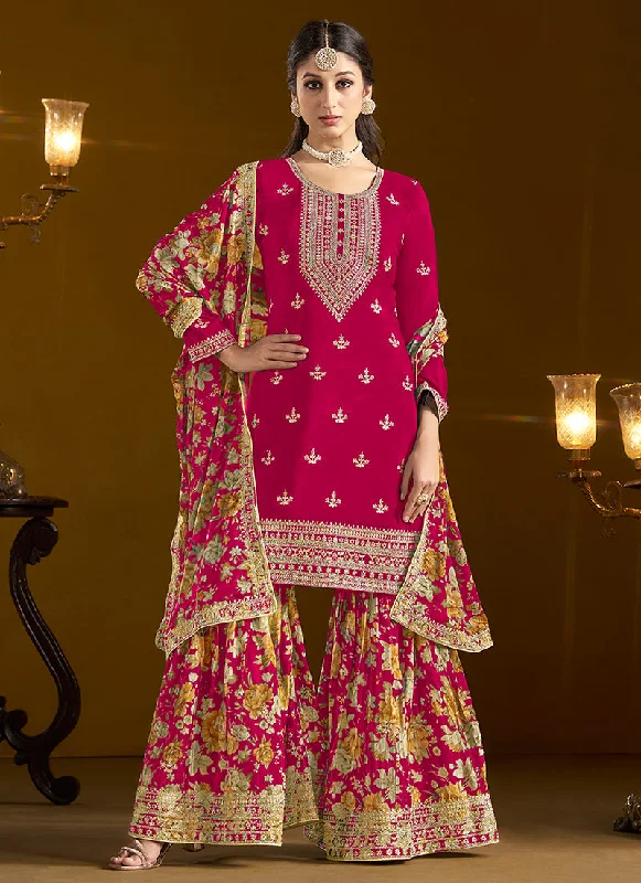 Members Only Hot Pink Traditional Embroidery Gharara Style Suit