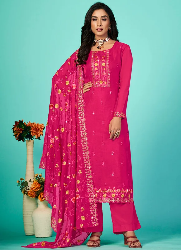Huge Discounts Hot Pink Multi Floral Embroidery Traditional Pant Style Suit