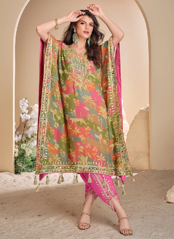 Low Prices Green Pink Multi-Embroidery Poncho Style Pant Suit