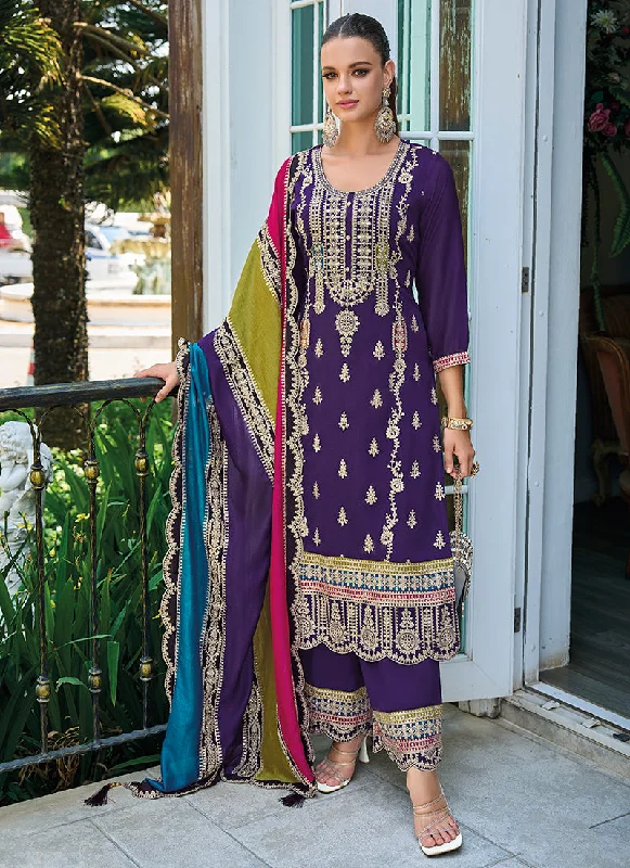 Low Prices Purple Multicolored Traditional Embroidery Pant Style Suit