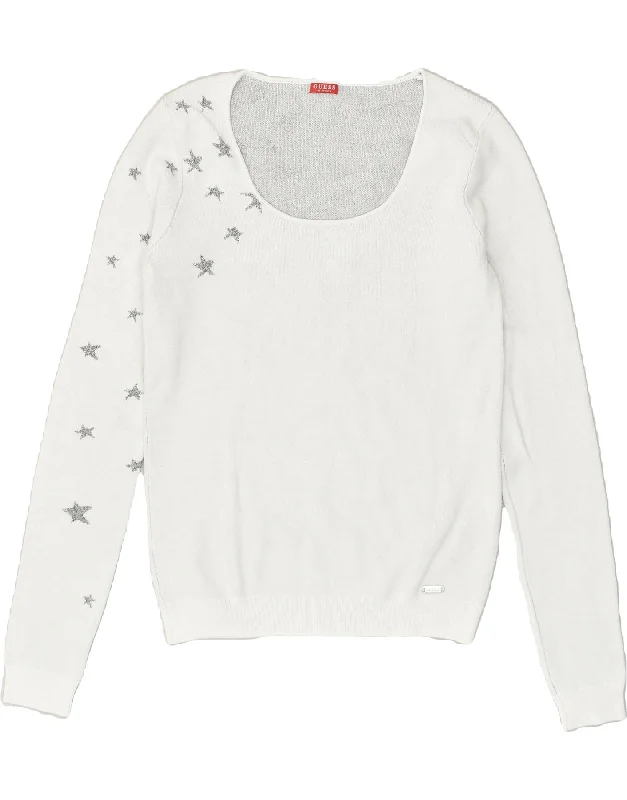 Sneak Peek Sale GUESS Womens Abstract Pattern Crew Neck Jumper Sweater UK 10 Small White