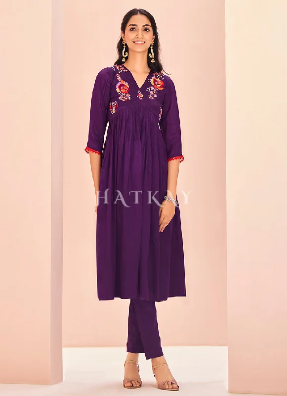 Hot Deal Violet Handwork Kurta And Pant Suit