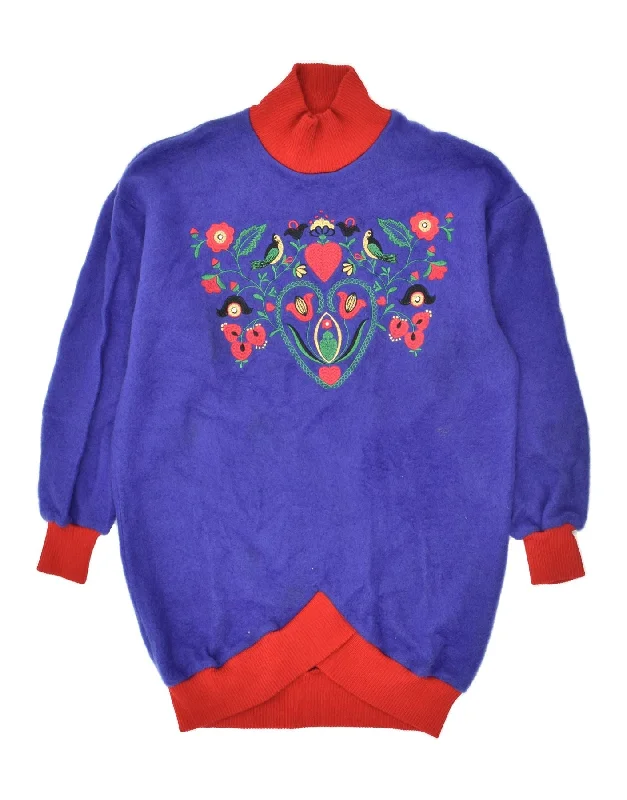 Price Reduction VINTAGE Womens Graphic Turtle Neck Jumper Sweater EU 42 Large Blue Acrylic