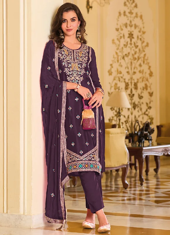 Act Now Purple Crystal Stone Embroidery Pant Style Suit
