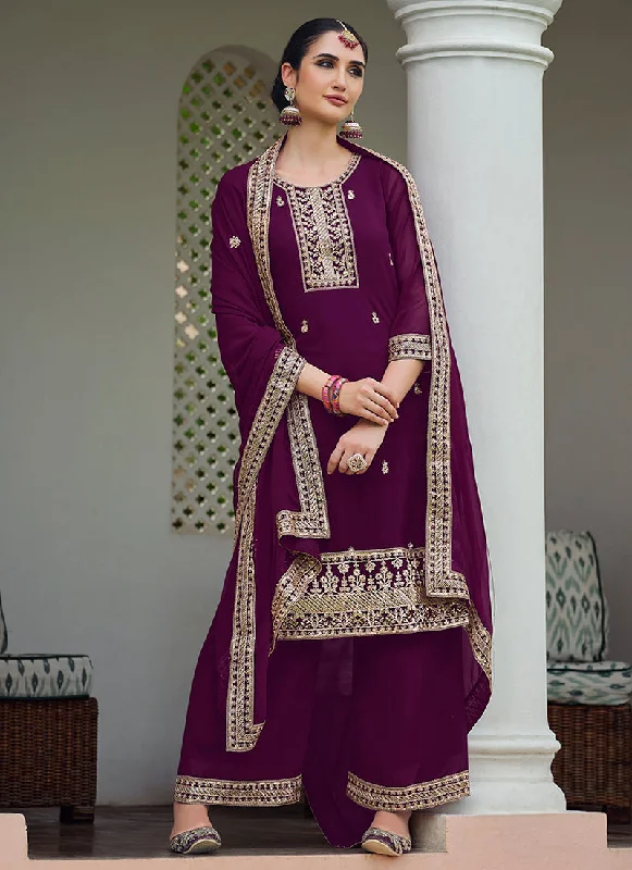 Midnight Madness Deep Wine Embroidery Georgette Palazzo Suit