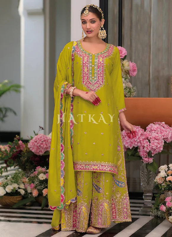 Shop and Save Lime Green Multi Embroidery Palazzo Suit