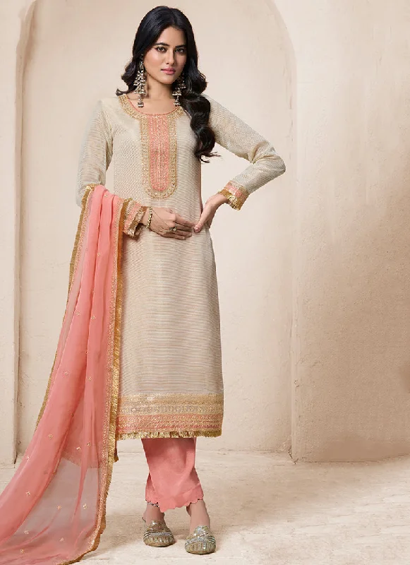 Blowout Deals Beige And Peach Traditional Embroidery Salwar Kameez Suit