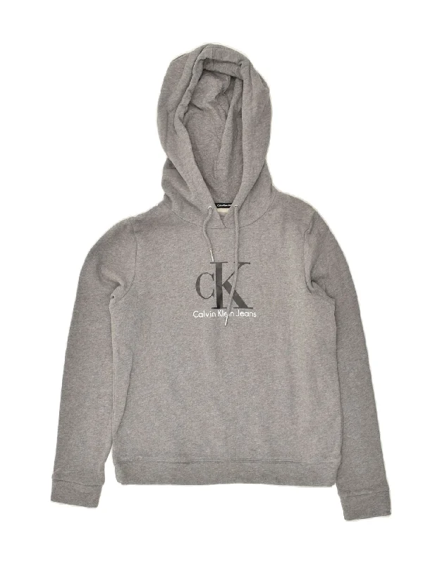 Super Sale CALVIN KLEIN Womens Graphic Hoodie Jumper UK 6 XS Grey Cotton