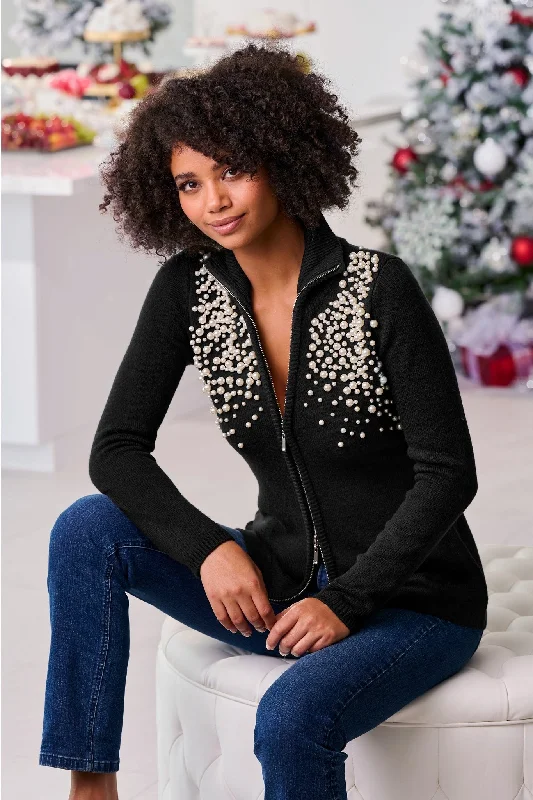 Final Clearance Pearl Embellished Zip-Up Cardigan Sweater Black