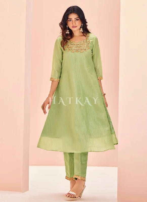 Clearance Sale Green Handwork Kurta And Pant Suit