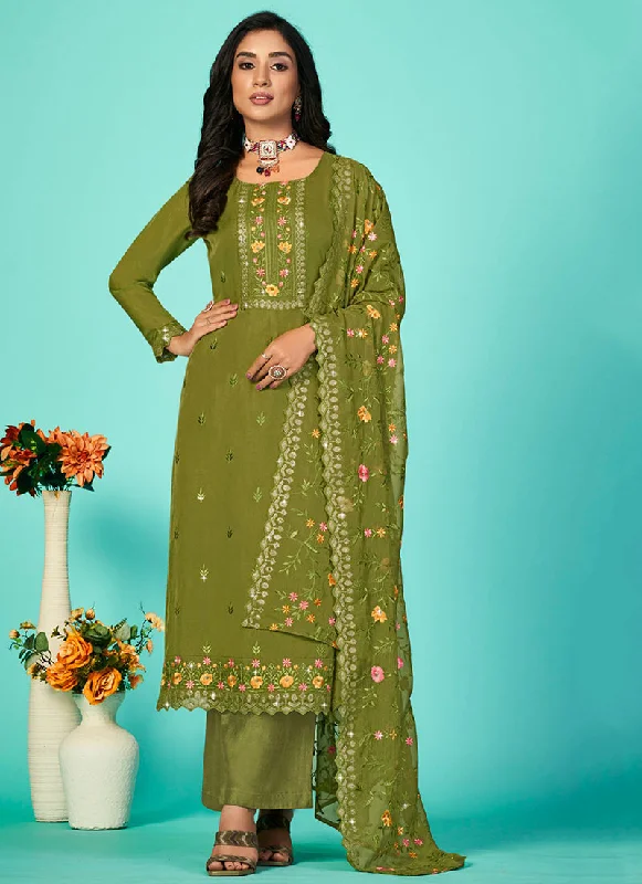 Limited Availability Green Multi Floral Embroidery Traditional Pant Style Suit
