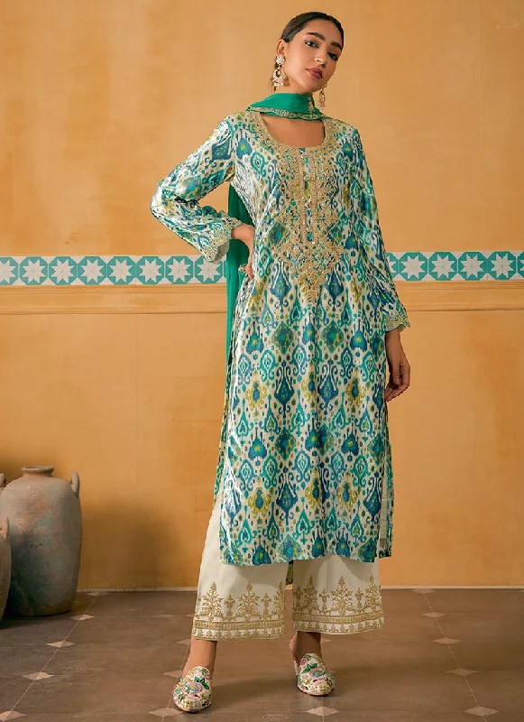 Mega Deal Green And Off White Embroidered Velvet Kurta Pant Suit
