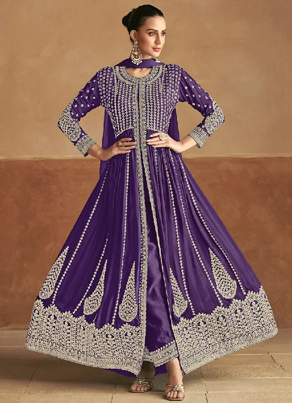 Special Promotion Purple Designer Embroidery Slit Style Anarkali Pant Suit