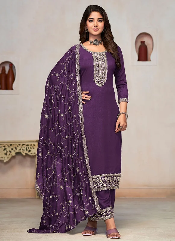 Deal of the Day Purple Embroidery Pant Style Salwar Kameez Suit