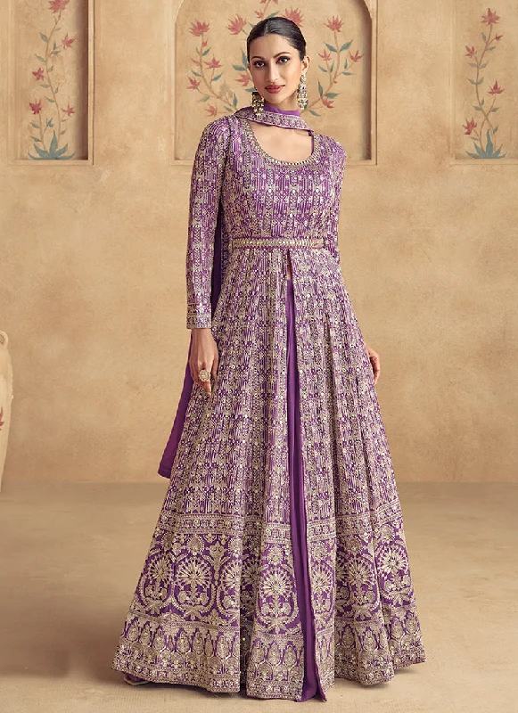 Closeout Sale Rich Purple Embroidered Slit Style Anarkali Lehenga