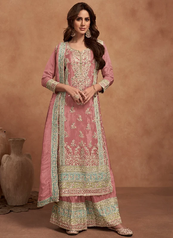 Price Drop Rose Pink Multi Embroidered Wedding Palazzo Suit