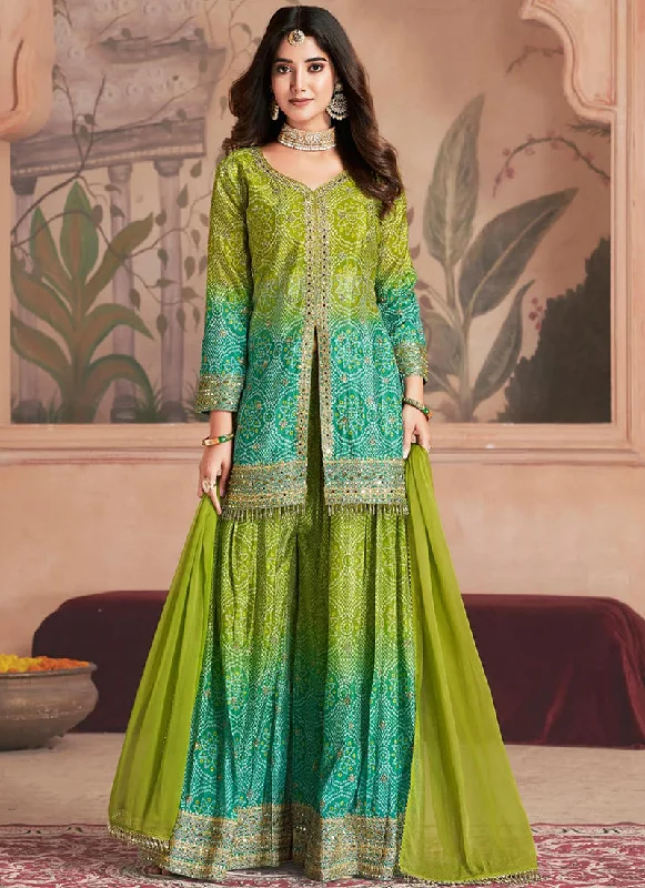 Big Discounts Teal Green Ombré Embroidered Kurti And Palazzo