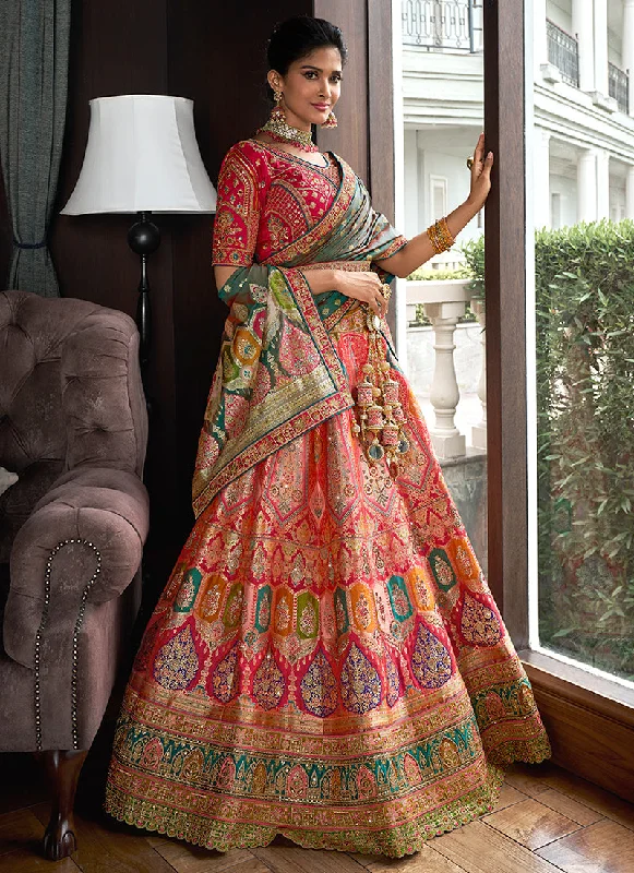 Deep Discounts Peach And Crimson Embroidered Bridal Lehenga Choli