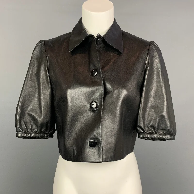 Best Deals RALPH LAUREN Black Label Size 6 Black Leather Short Sleeve Buttoned Jacket