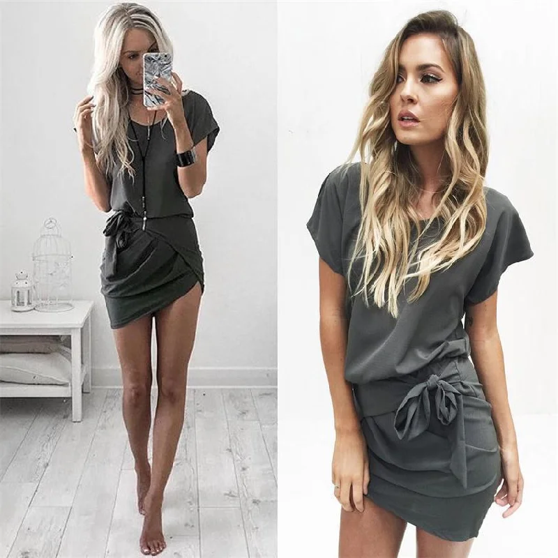 Special Savings O-neck Irregular Pure Color Short Sleeve Short Dress