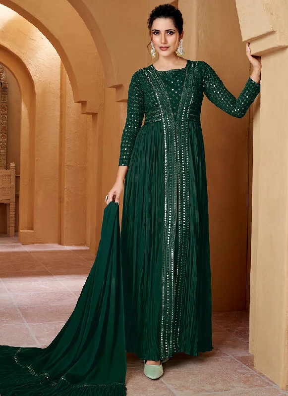 New Markdowns Green Mirror Work Embroidery Slit Style Anarkali Suit