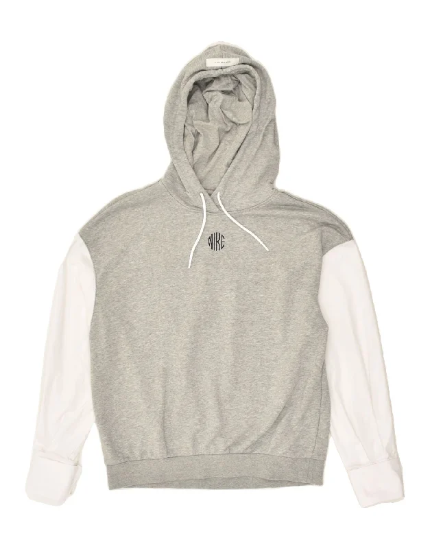Huge Discounts NIKE Womens Oversized Hoodie Jumper UK 6 XS Grey Colourblock Cotton