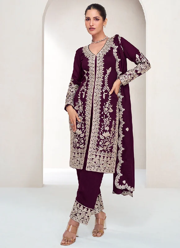 Midnight Madness Maroon Embroidered Silk Salwar Kameez Suit