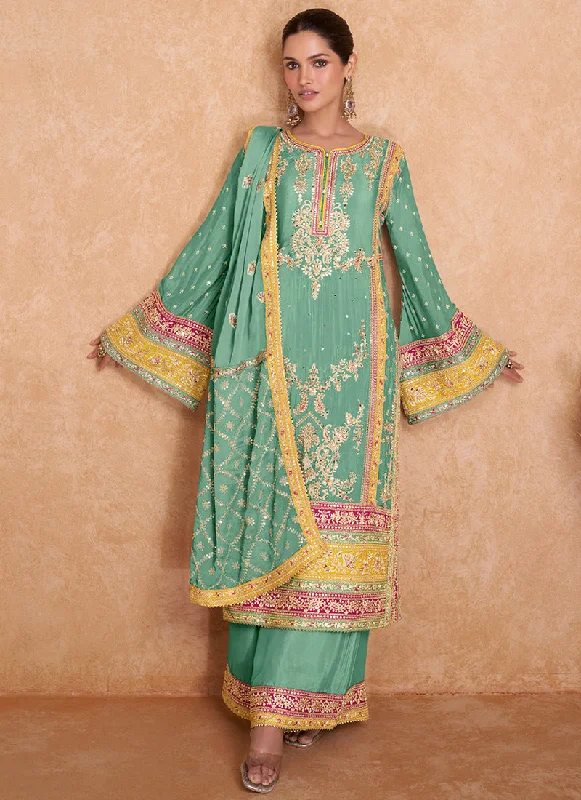 Major Savings Sea Green Multi Embroidered Wedding Palazzo Suit