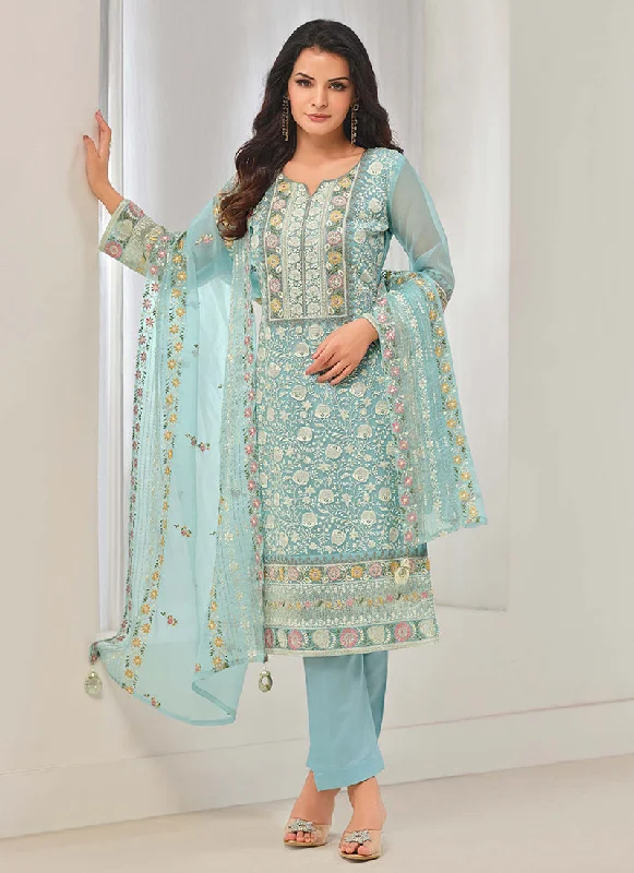 Final Sale Sky Blue Embroidery Pakistani Pant Style Suit