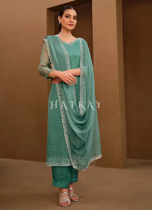 Lowest Price Firozi Blue Crystal Embroidered Pant Style Suit