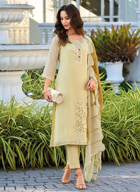 Act Fast Light Yellow Sequence Embroidery Pakistani Style Pant Suit