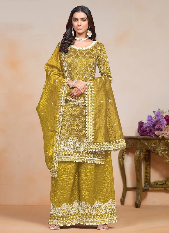 Deep Discounts Yellow Embroidered Traditional Palazzo Suit