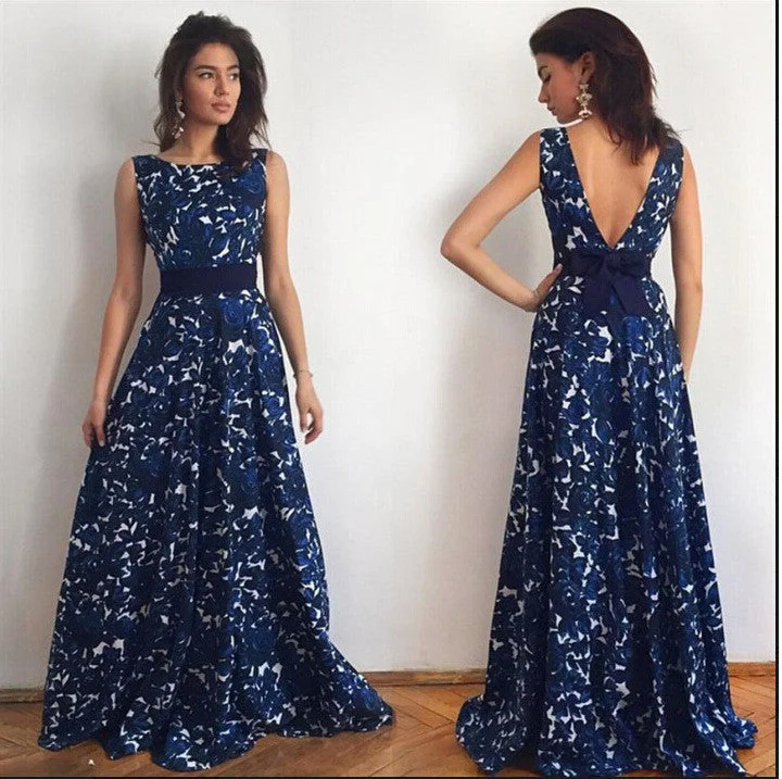 Price Break Open Back Floral Sleeveless Long Party Dress
