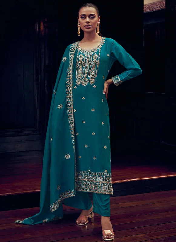 Don't Wait Turquoise Sequence Embroidery Traditional Palazzo Suit