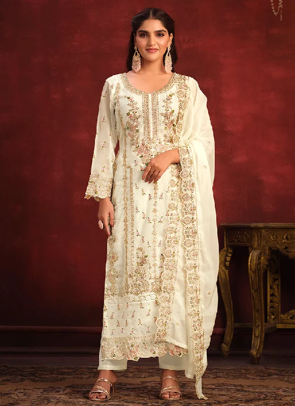 Flash Sale Off White Embroidery Designer Pant Style Suit