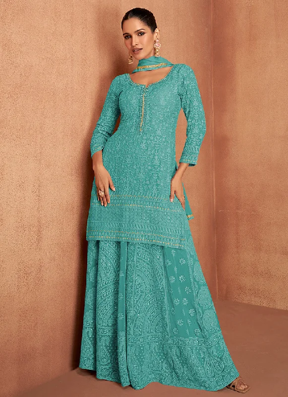 Get It Before It’s Gone Teal Blue Chikankari Embroidery Festive Palazzo Suit