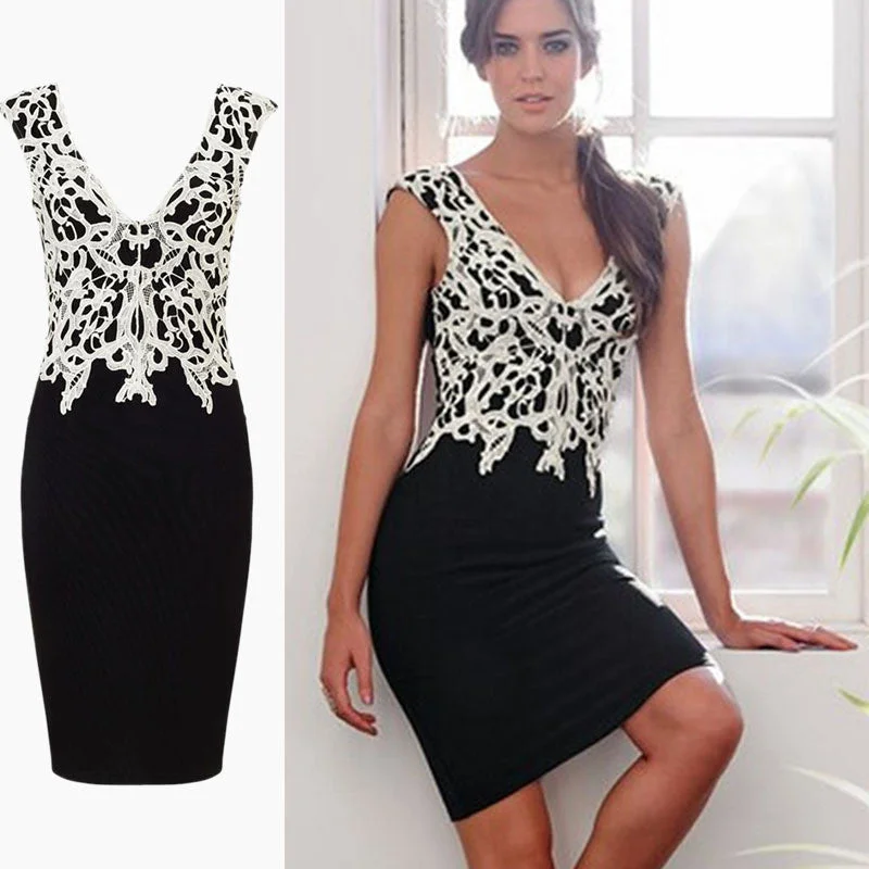 Deal Alert Splicing Lace V-neck Sleeveless Knee-length Dress