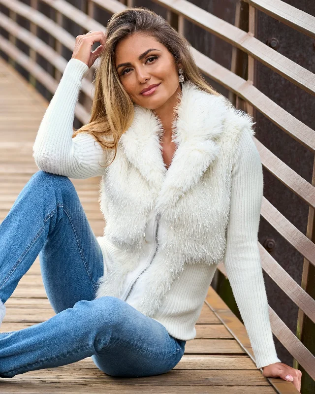 Loyalty Reward Metallic Faux Fur Zip Up Cardigan Off White