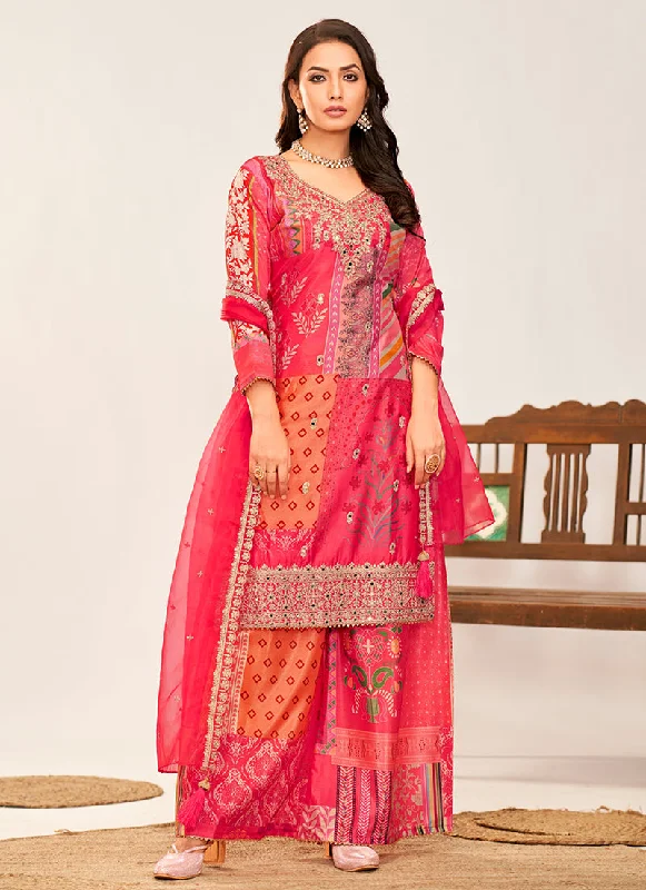 Daily Deals Crimson Multicoloured Embroidery Palazzo Style Suit