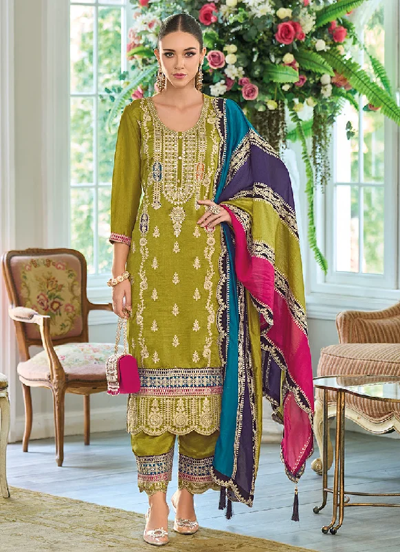 Markdowns Lime Green Multicolored Traditional Embroidery Pant Style Suit