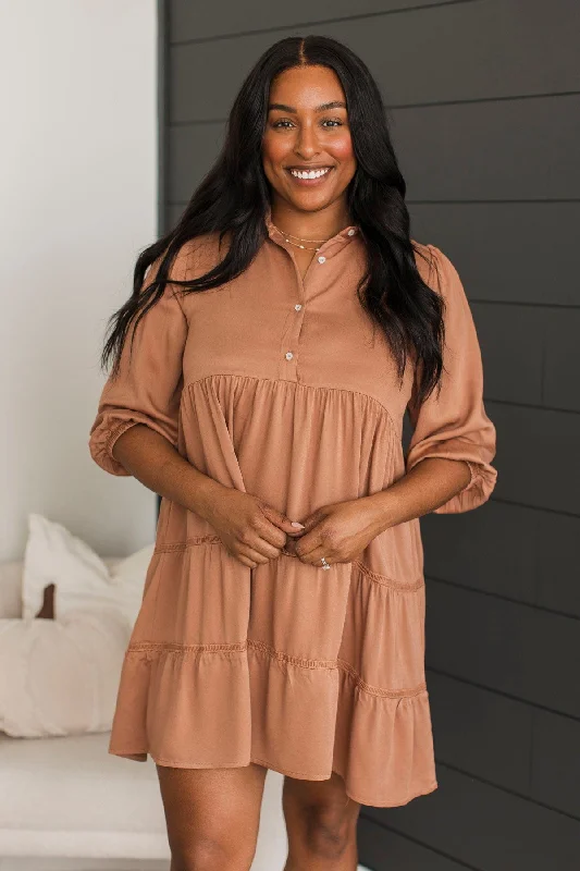 Deal Mania Wandering Around Collar Button Dress- Clay