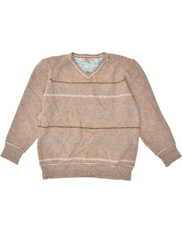 Super Bargain FAT FACE Womens V-Neck Jumper Sweater UK 14 Medium Brown Striped Lambswool Super Bargain FAT FACE Womens V-Neck Jumper Sweater UK 14 Medium Brown Striped Lambswool