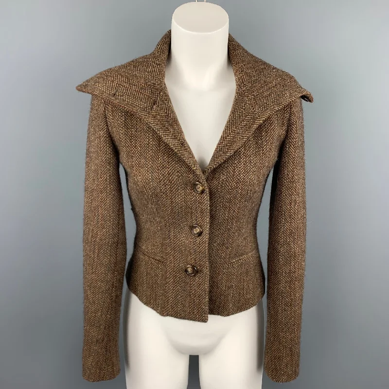 Price Fest RALPH LAUREN Black Label Size 2 Brown Tweed Lambswool High Collar Jacket