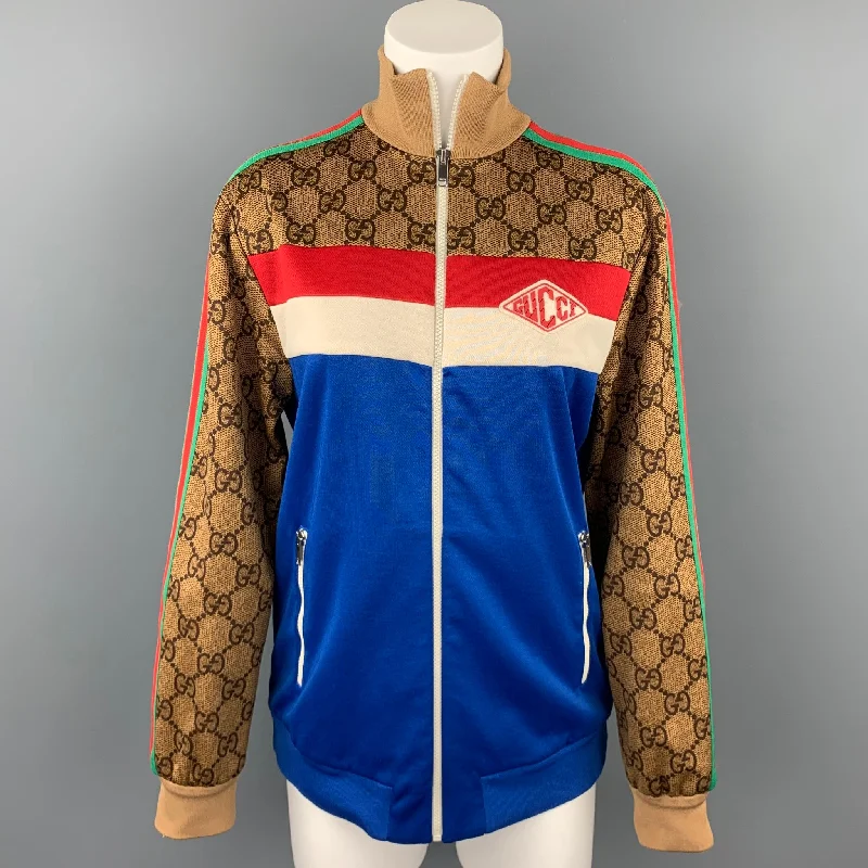 Online Specials GUCCI Pre-Fall 2018 Size S Blue & Multi-Color Polyester / Cotton Zip Up GG Technical Jersey Jacket